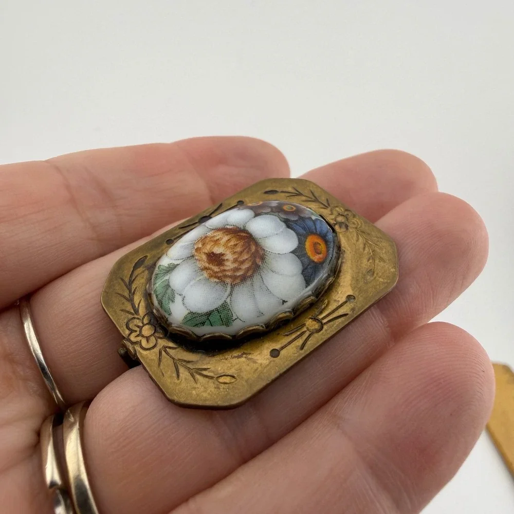 Vintage Antique Brass Porcelain Flower Brooch Pin Hand Painted Victorian Style